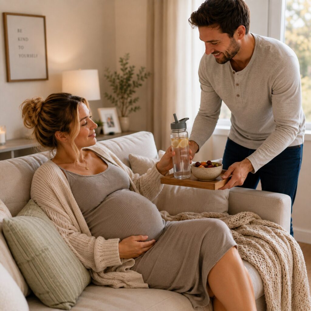 Husband gently holding pregnant wife’s belly while they stand together at home