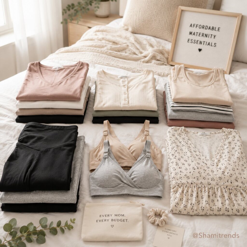 maternity clothes on a budget
Folded stack of affordable maternity essentials arranged neatly on bed