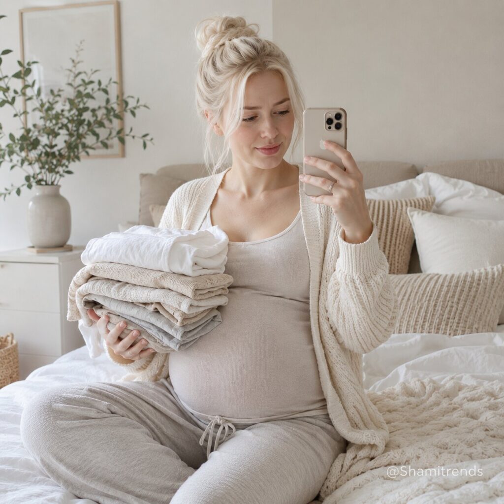 Cozy maternity moments in neutral tones