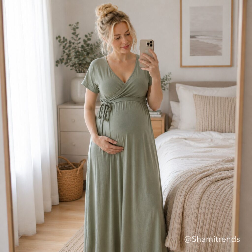 maternity clothes on a budget
Side profile of pregnant woman in fitted maternity dress showing bump