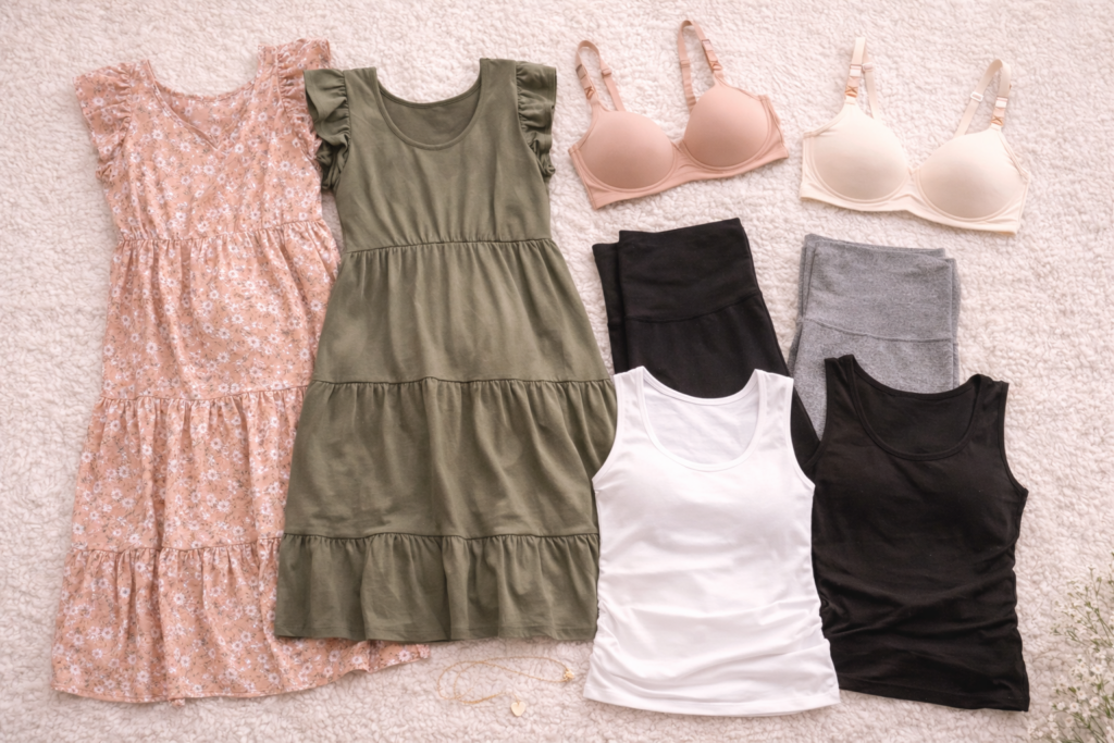 Flat lay of maternity clothes arranged neatly, dresses, leggings, nursing bras, basic tops