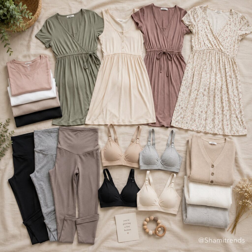 Flat lay of maternity clothes arranged neatly, dresses, leggings, nursing bras, basic tops