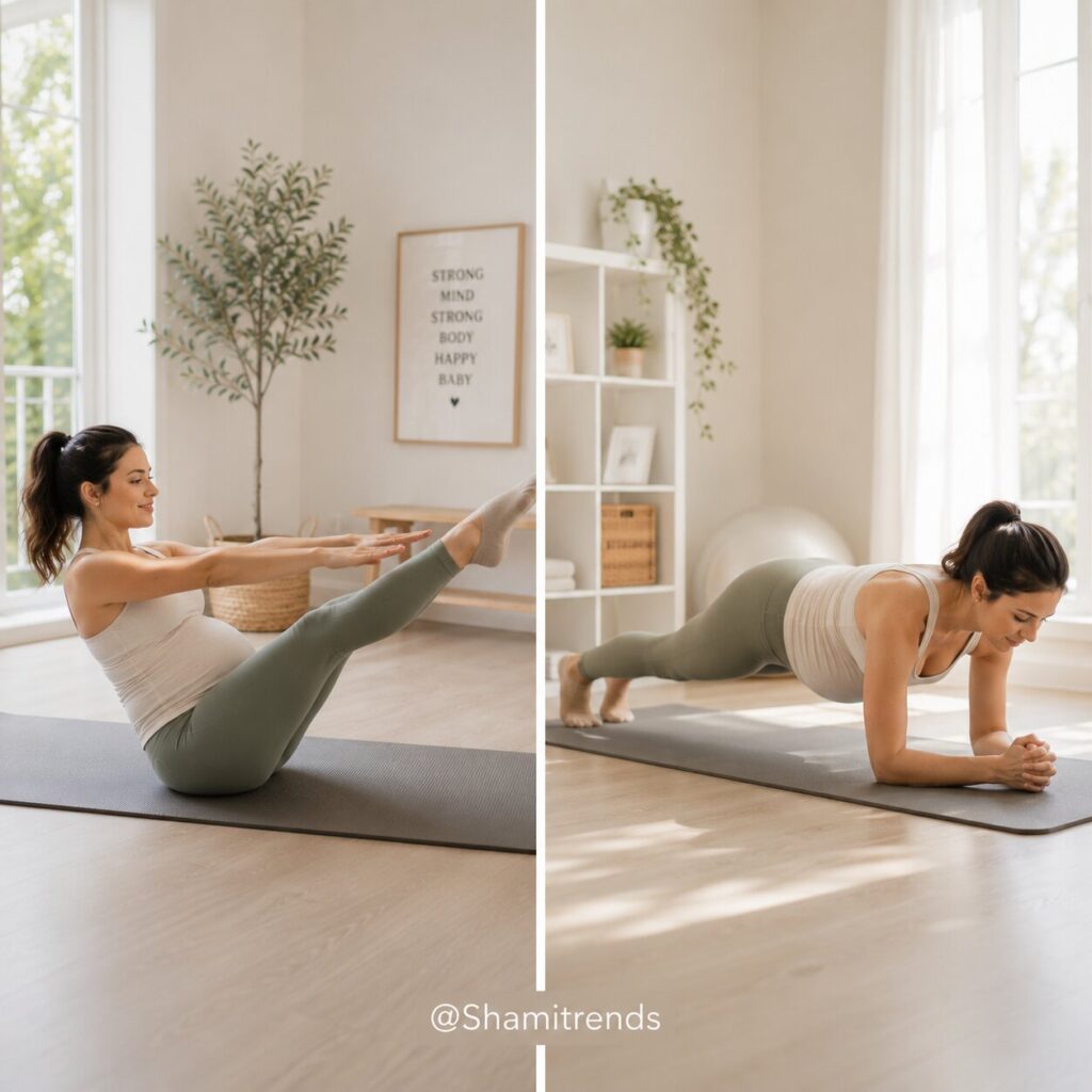 Pregnant woman exercising in calm space