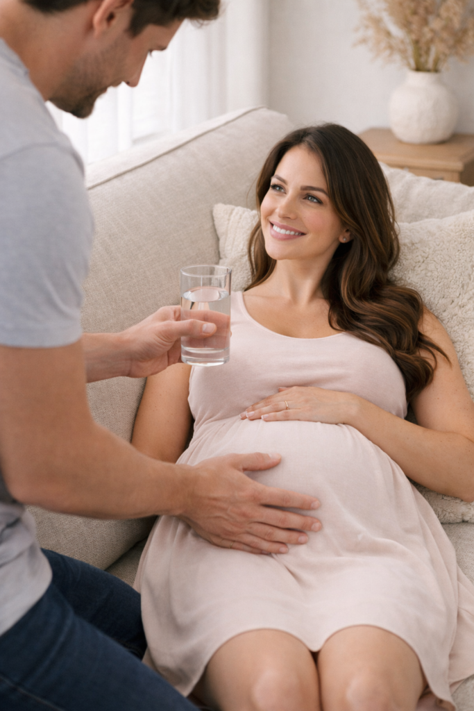 Husband gently holding pregnant wife’s belly while they stand together at home