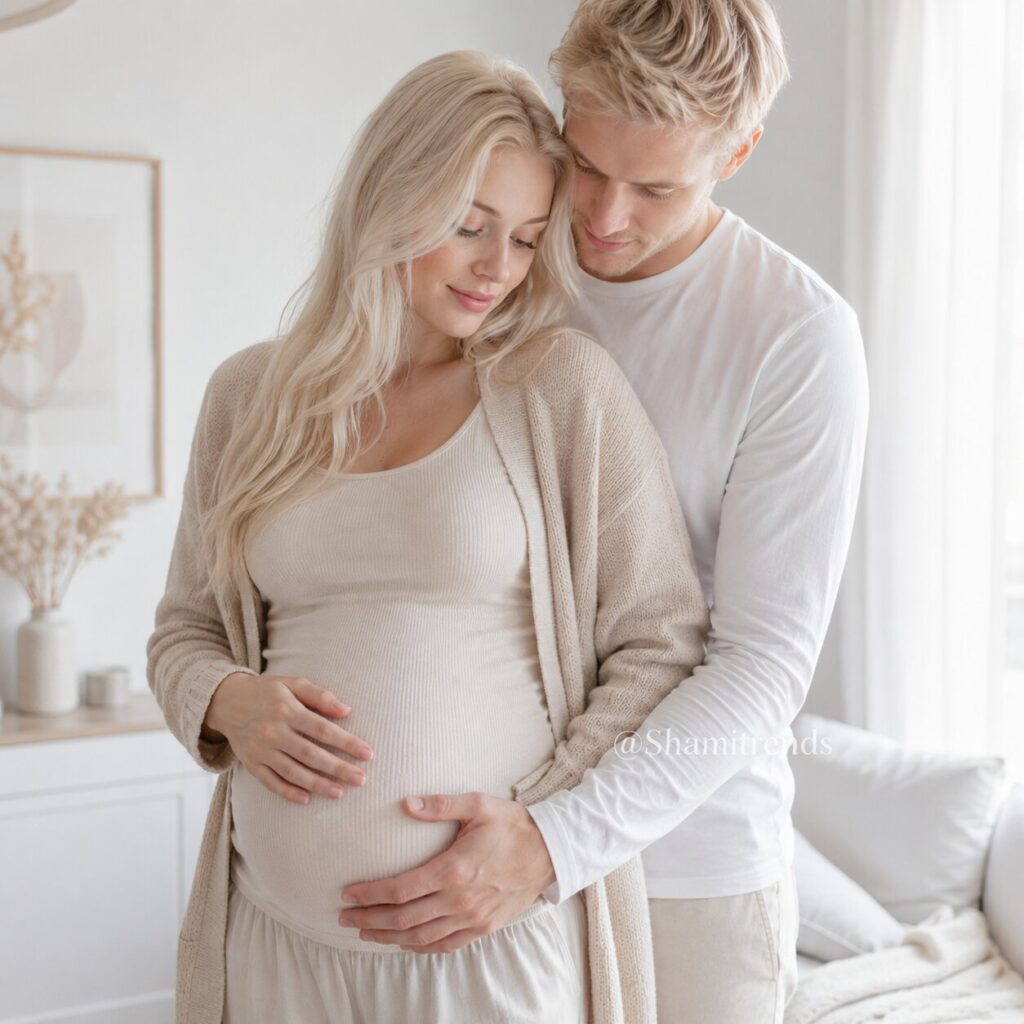 Husband gently holding pregnant wife’s belly while they stand together at home