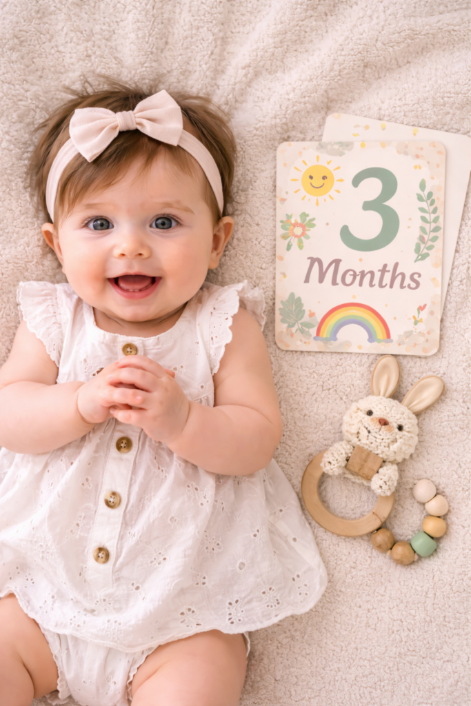 Baby lying on blanket next to monthly milestone cards showing “3 Months”