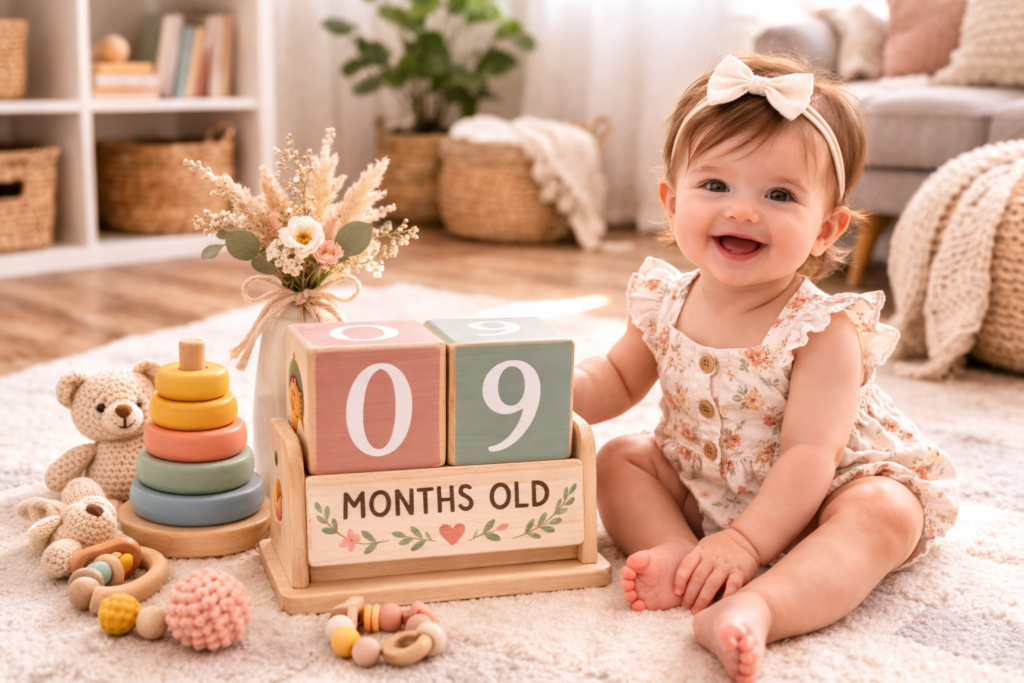 Baby sitting beside wooden milestone blocks displaying age