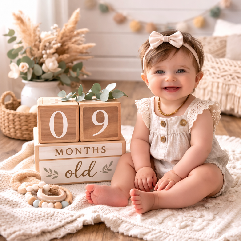 Baby sitting beside wooden milestone blocks displaying age
