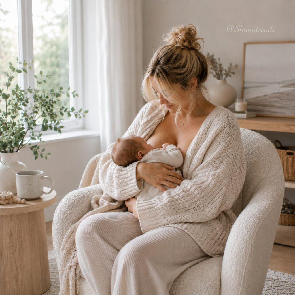 Cozy breastfeeding moment in a serene home