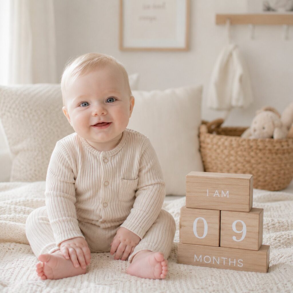 Baby lying on blanket next to monthly milestone cards showing “3 Months”