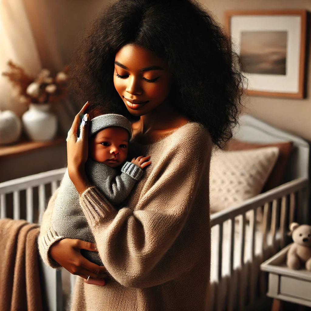 Mother holding baby in arms with a warm smile