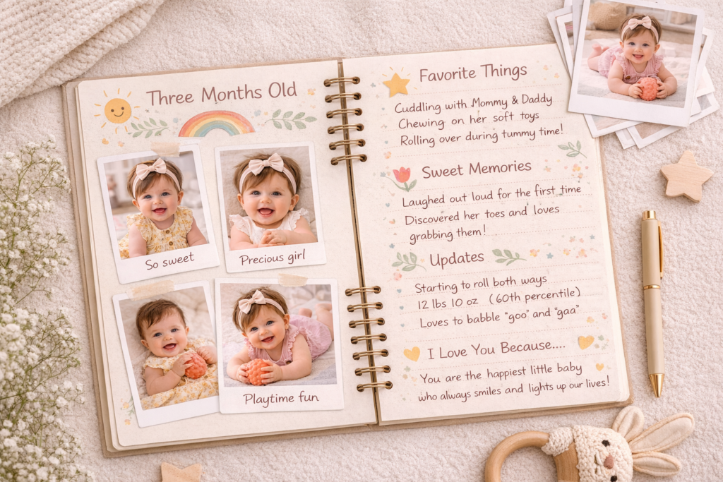 Open baby memory book with handwritten notes and printed baby photos