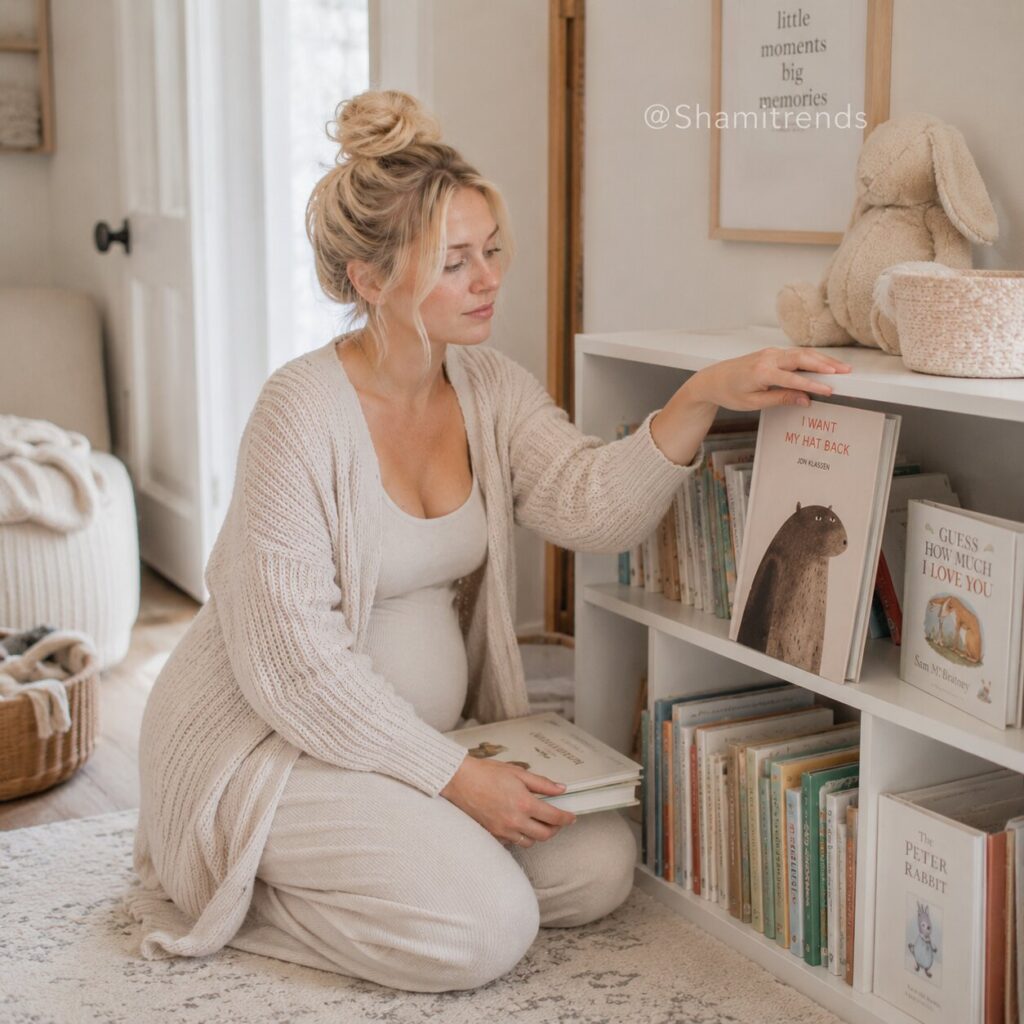 Organizing books in a cozy nursery