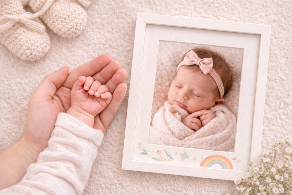 Parent holding baby’s tiny hand next to framed newborn photo