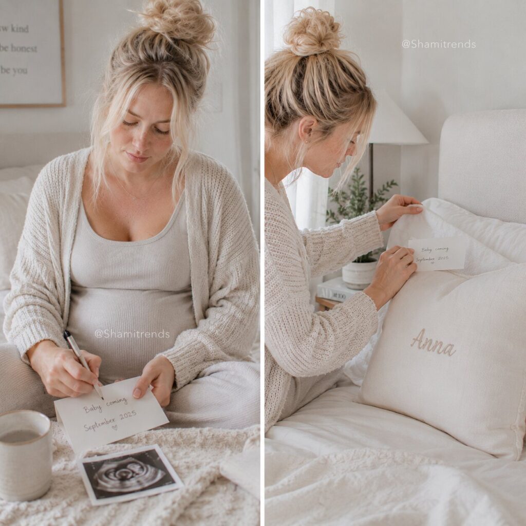 Pregnancy announcement in cozy bedroom