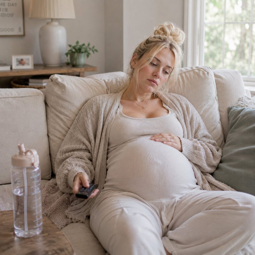 Pregnant woman resting in sofa holding remote of tv and water bottle on table