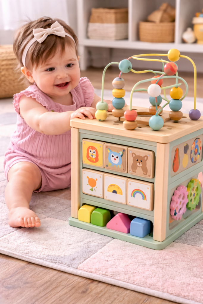 Baby exploring activity cube with beads and spinning blocks