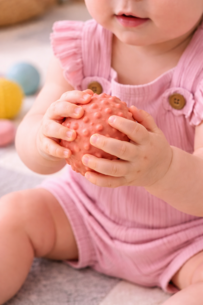 Flat lay of educational baby toys neatly arranged, flash cards, soft book, stacking rings