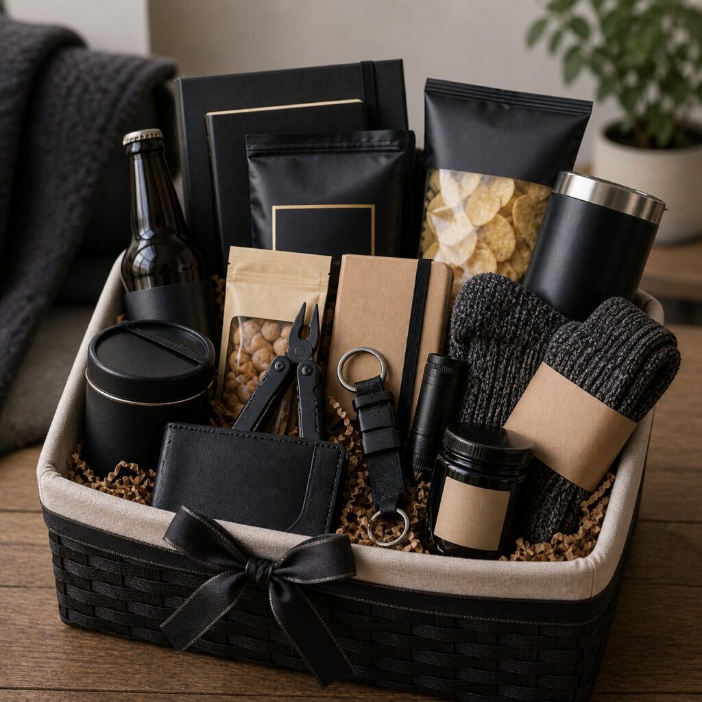 Cozy gift basket with assorted goodies


