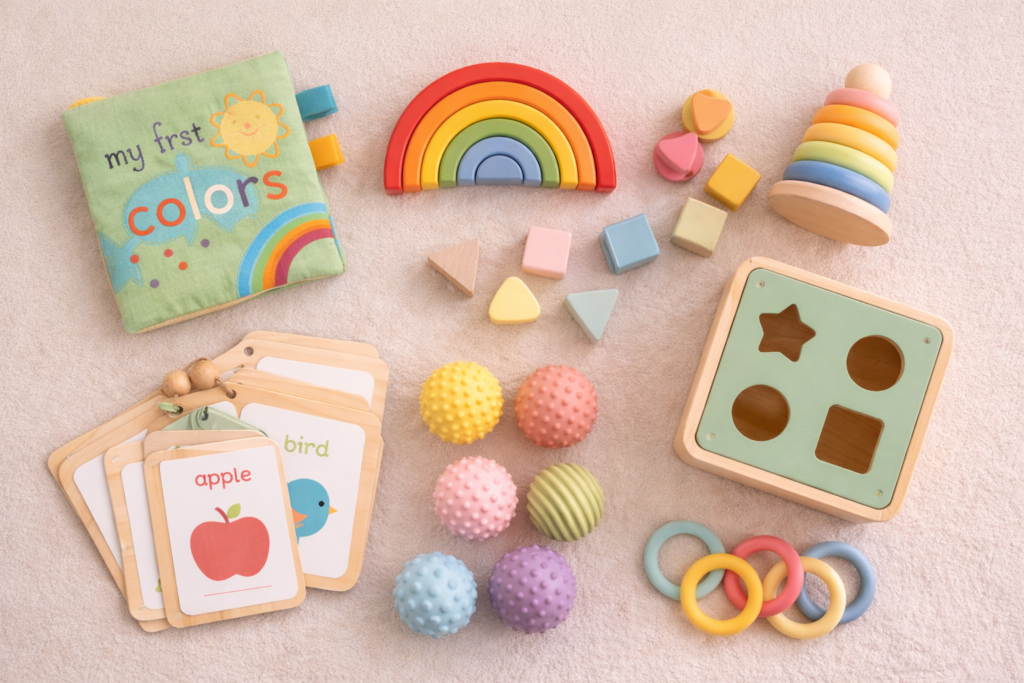 Flat lay of educational baby toys neatly arranged, flash cards, soft book, stacking rings