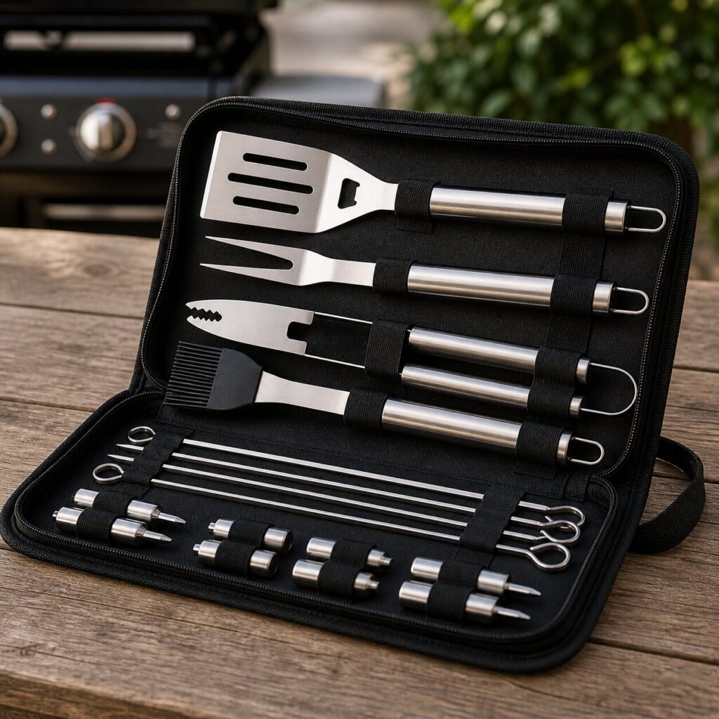 Grilling tool set on wooden table