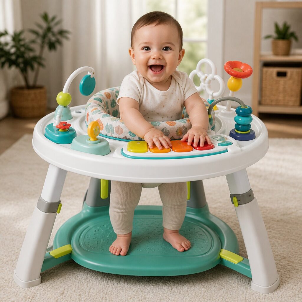 Happy baby playing in colorful activity center