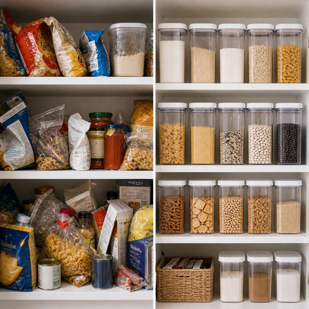 Messy versus organized pantry comparison