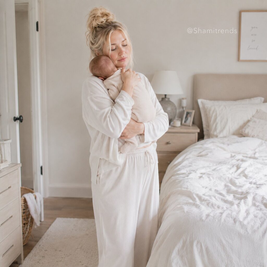 New mother bonding in a serene bedroom