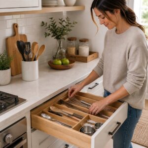 Organizing utensils in a bright kitchen