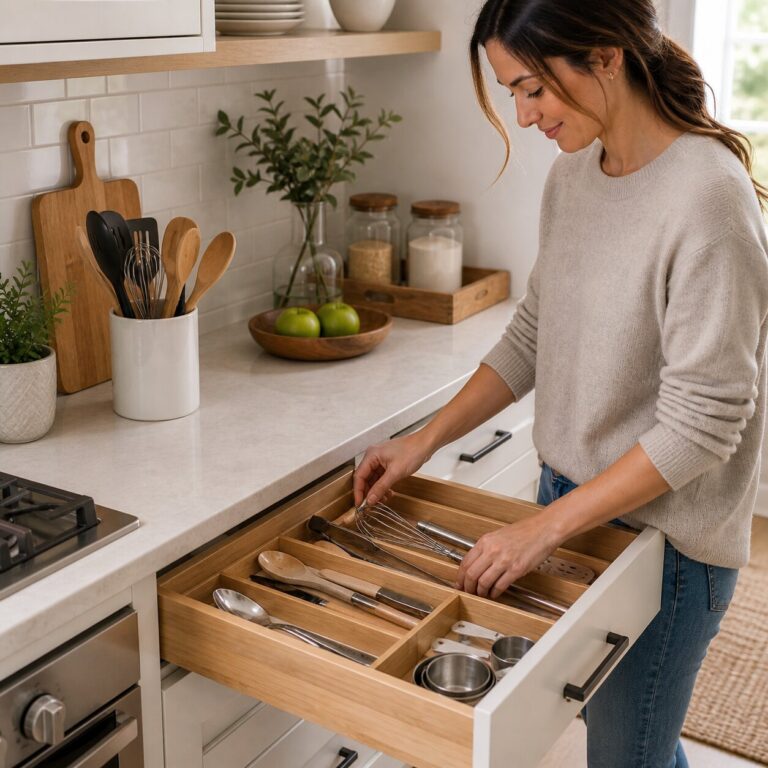 Organizing utensils in a bright kitchen