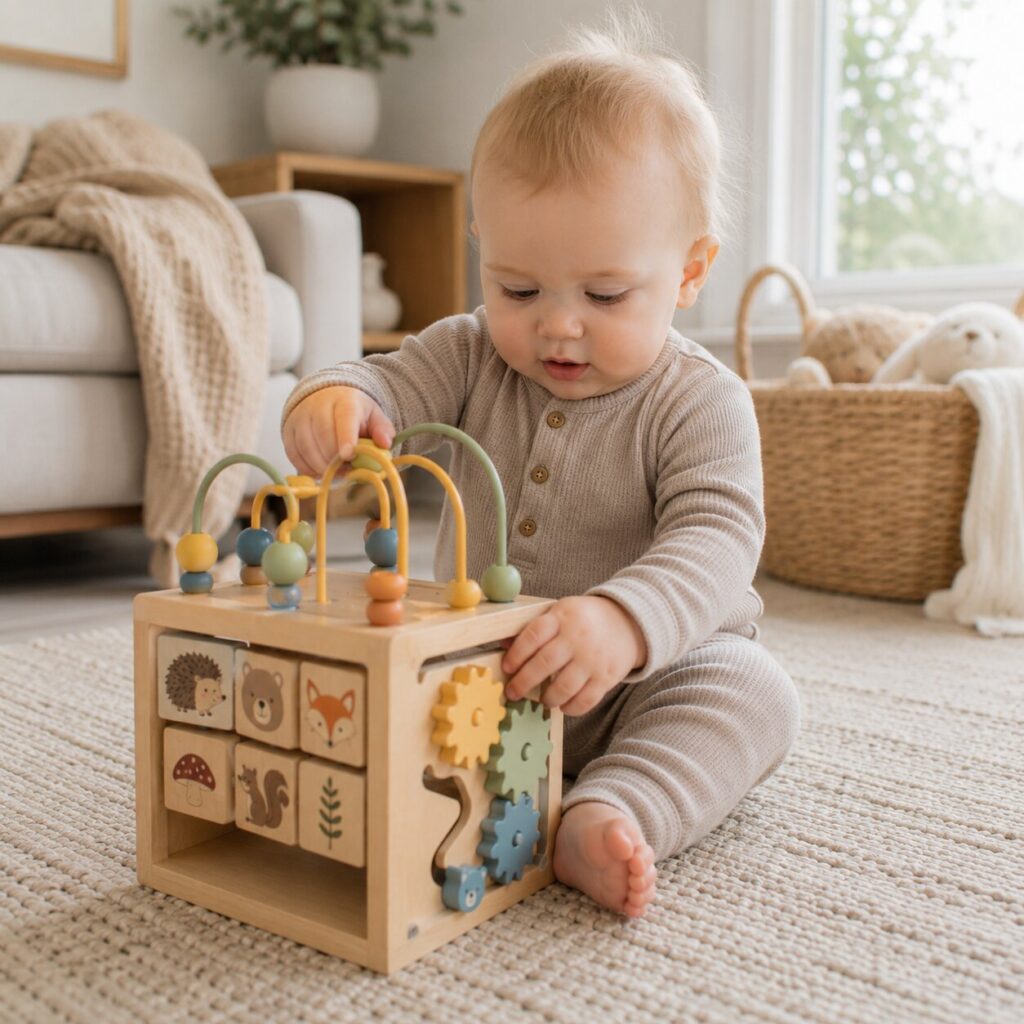 Playful baby with wooden toy