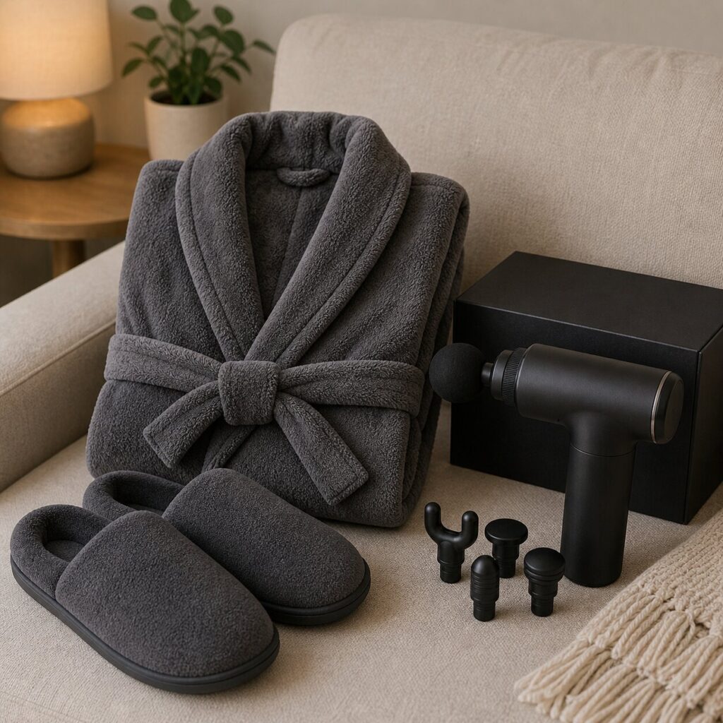 Relaxing gift set on cozy sofa