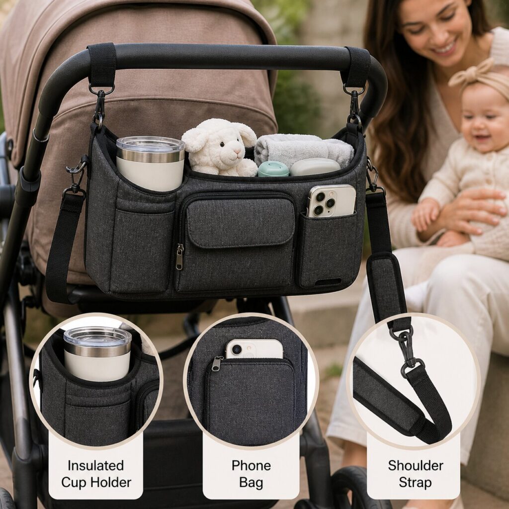 Stroller organizer with lifestyle details