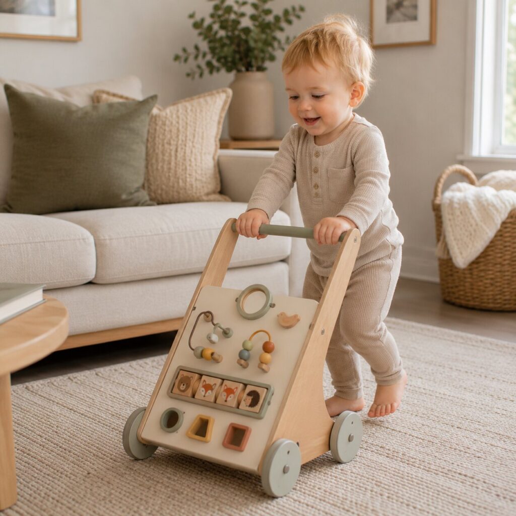 Toddler exploring with wooden activity walker