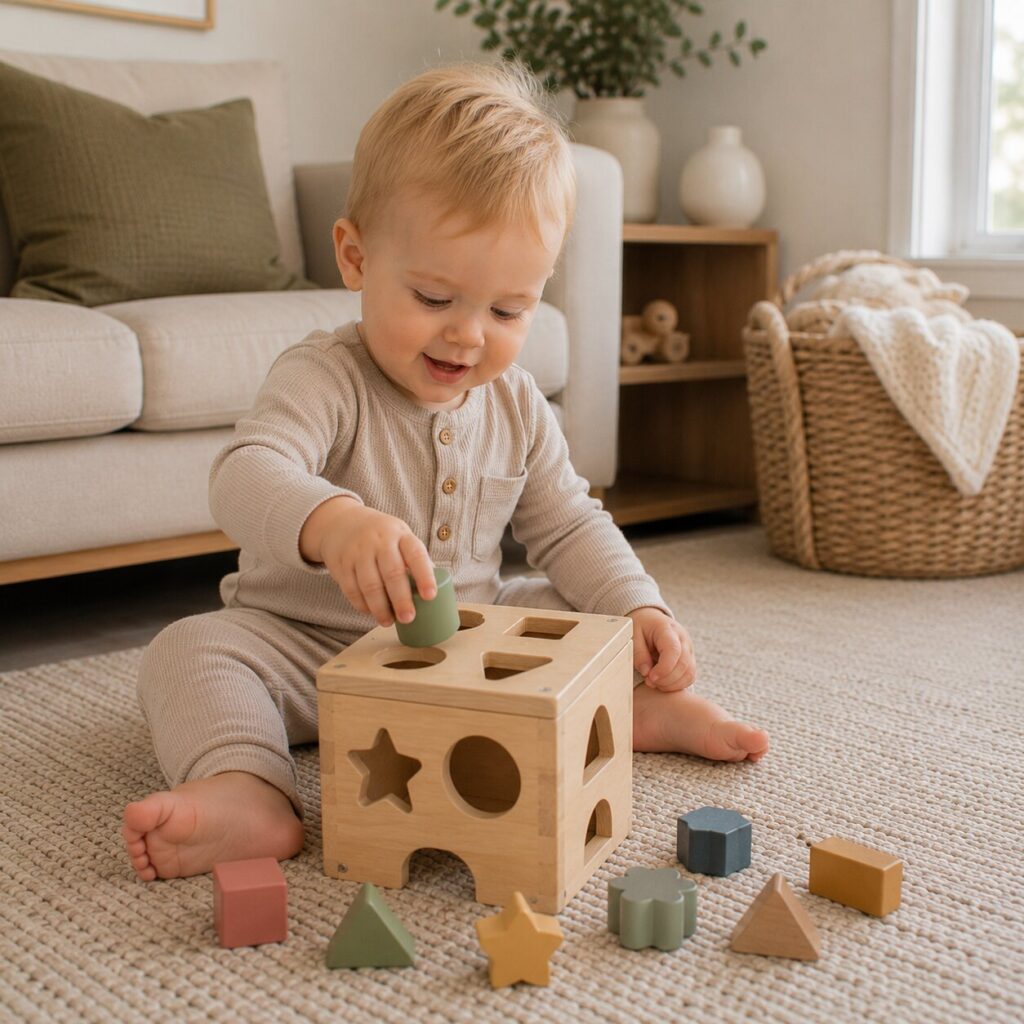 Toddler playing with wooden shape sorter