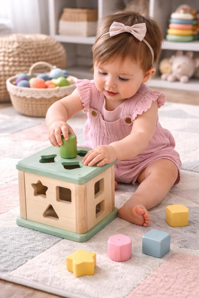 Toddler playing with wooden shape sorter toy on the floor