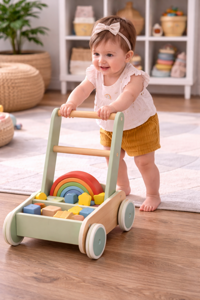 Toddler pushing a wooden walker toy across living room