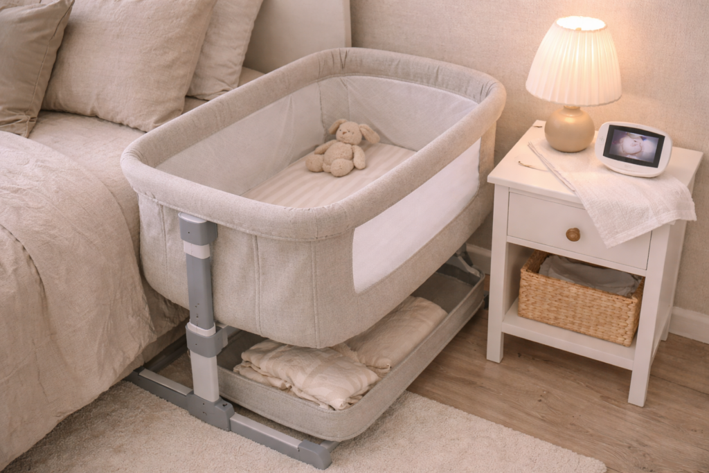 Baby bassinet beside bed with small nightstand holding baby monitor and burp cloth