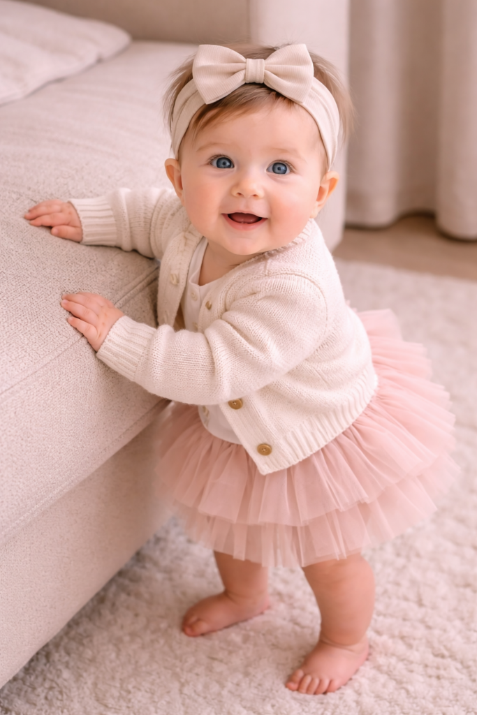 Baby girl crawling in cute matching two-piece set with subtle pattern