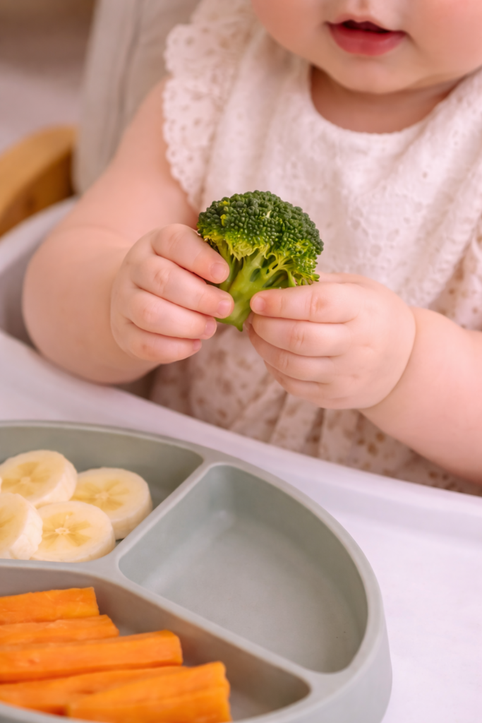 High chair setup with baby-led weaning essentials, silicone bib, suction plate, soft spoon, sippy cup