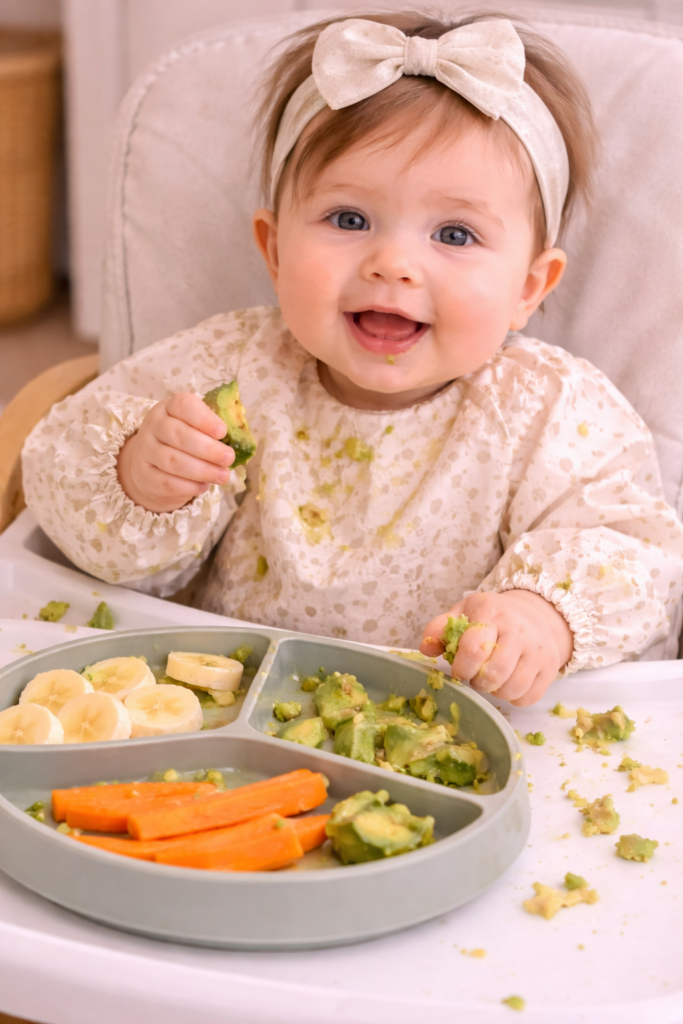 Baby wearing long-sleeve waterproof bib during messy self-feeding