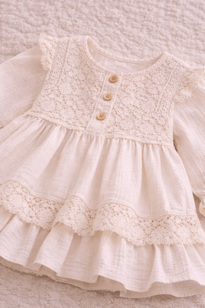 Baby girl sitting on a soft blanket wearing a pastel ruffle dress with matching bow headband