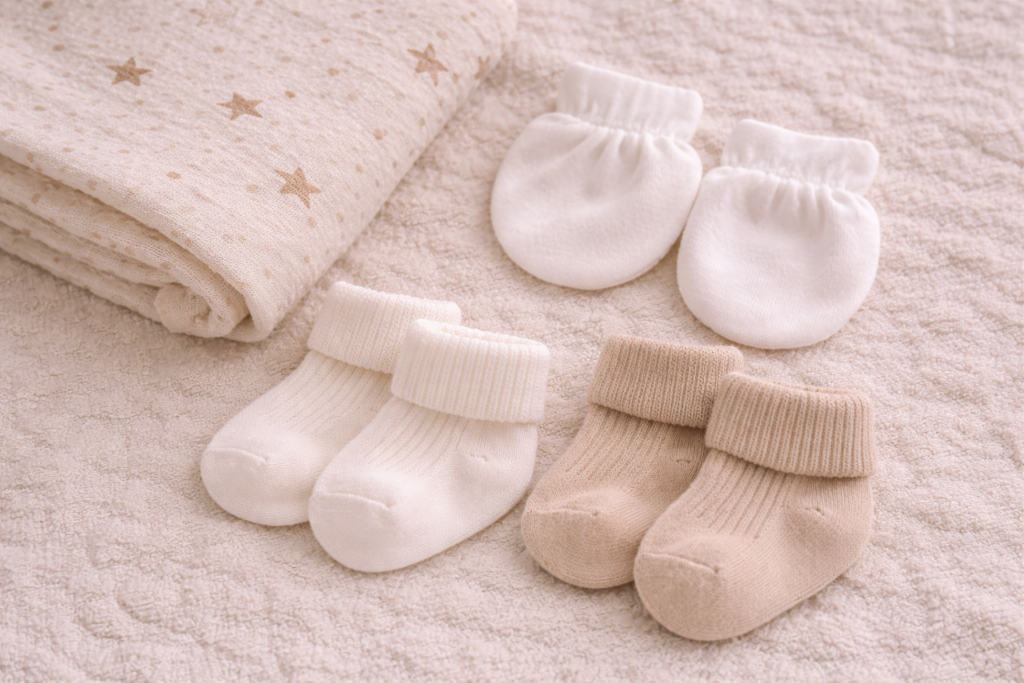 Close-up of tiny newborn socks and mittens placed next to soft blanket