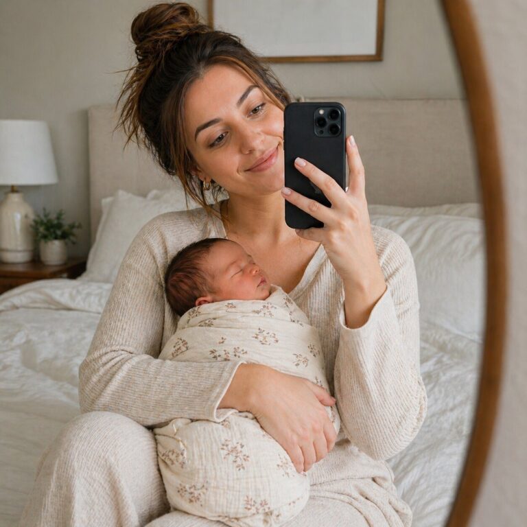 Cozy motherhood selfie in softly lit room