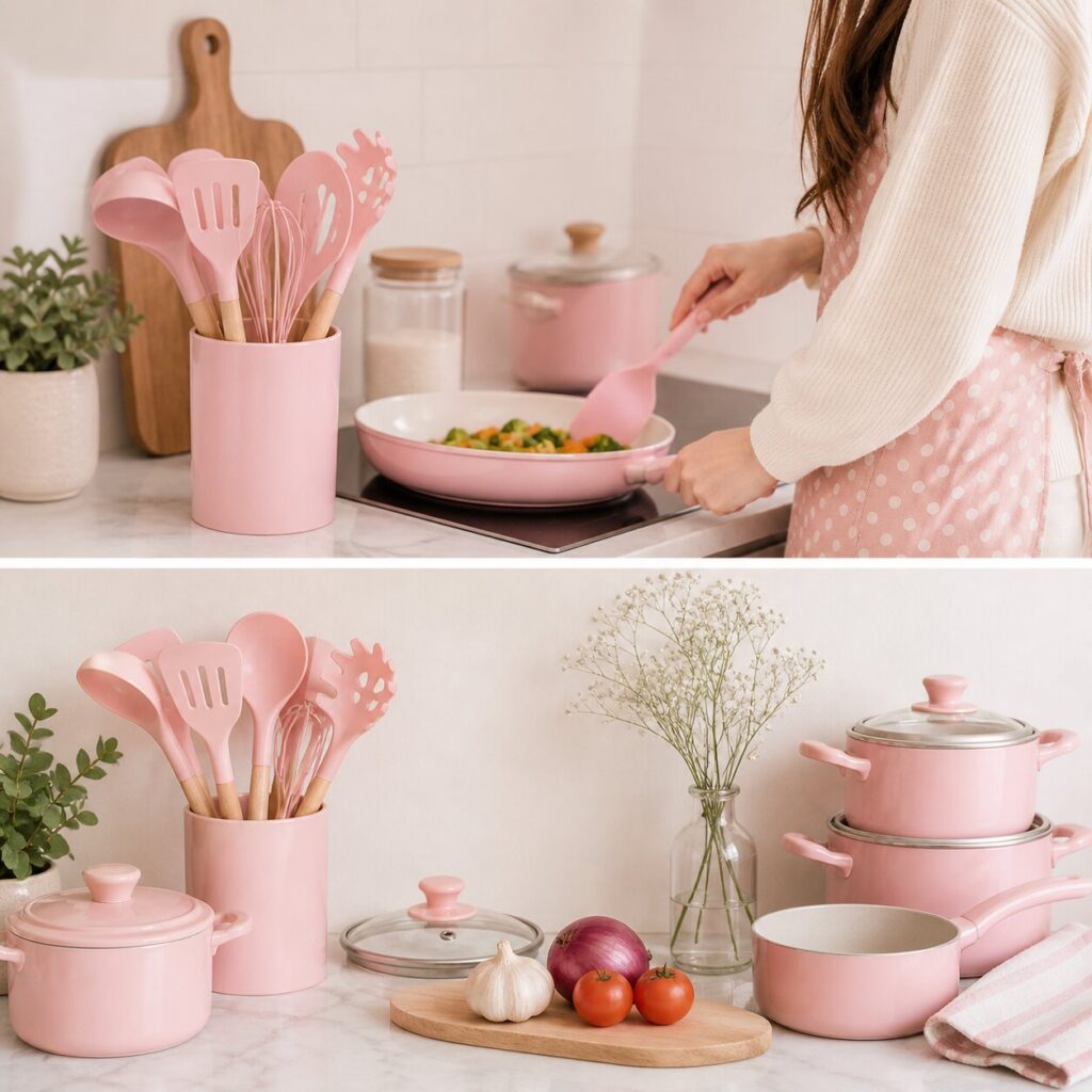 Cozy pink kitchen cooking scene