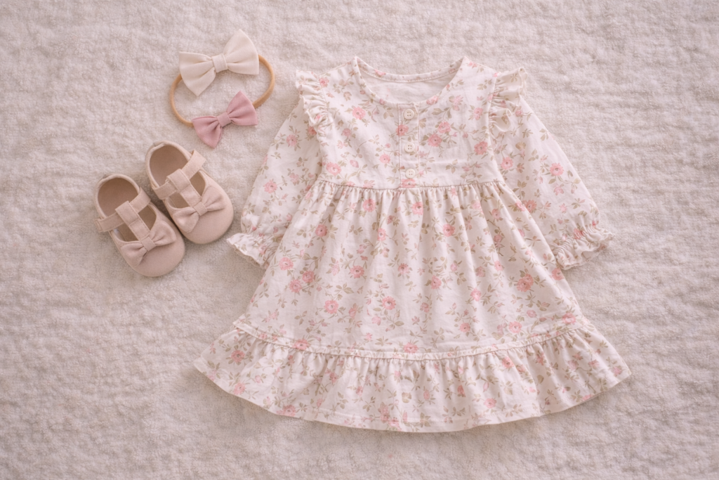 Flat lay of cute baby girl outfit with floral dress, tiny shoes, and hair accessories