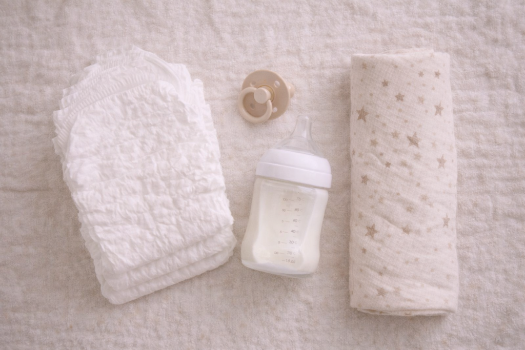 Flat lay of newborn essentials arranged neatly on soft blanket, diapers, pacifier, baby bottle, swaddle,