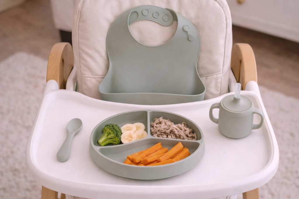 High chair setup with baby-led weaning essentials, silicone bib, suction plate, soft spoon, sippy cup