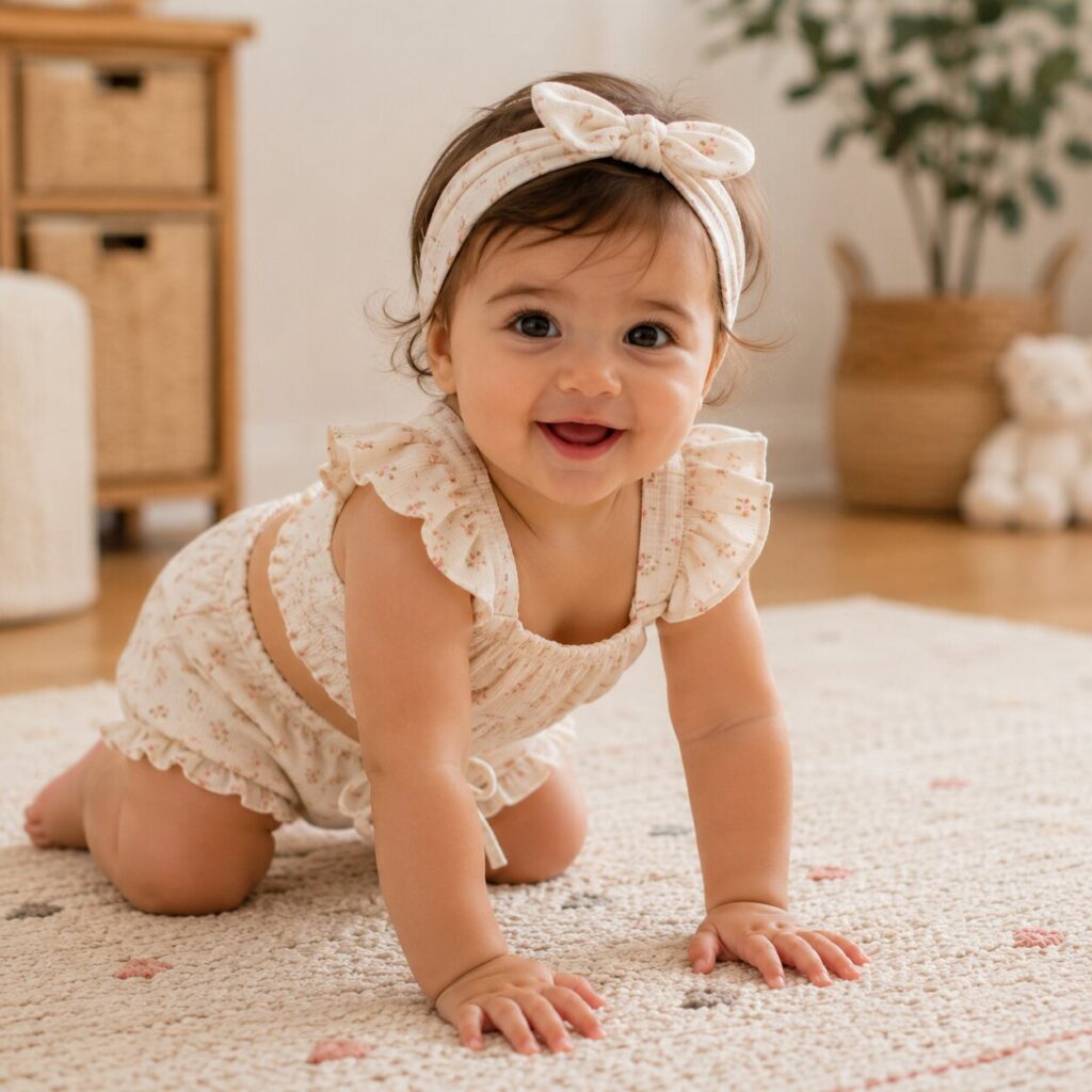 Baby girl crawling in cute matching two-piece set with subtle pattern