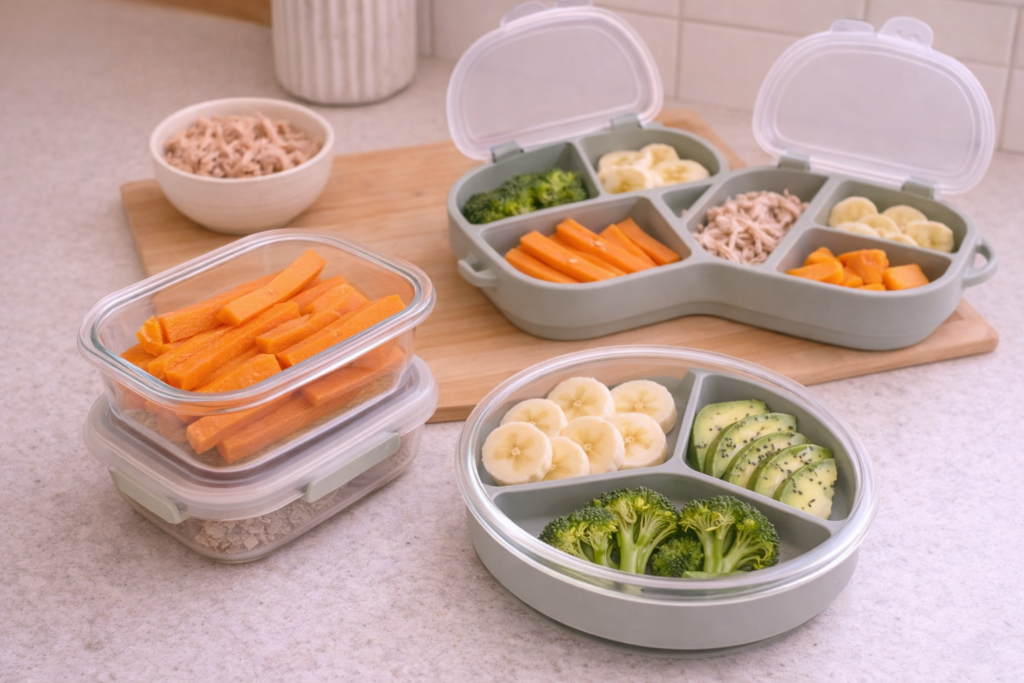 Baby hands holding soft piece of broccoli during mealtime